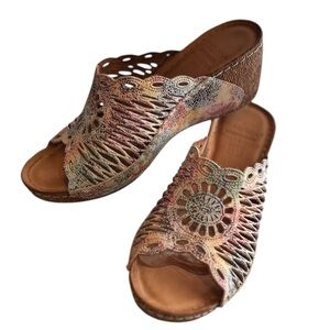 Karyoka Leather Die Cut Comfort Wedges Shoes Slides